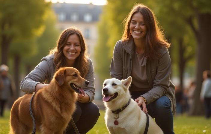Équipe d’éducateurs canins souriants à Paris